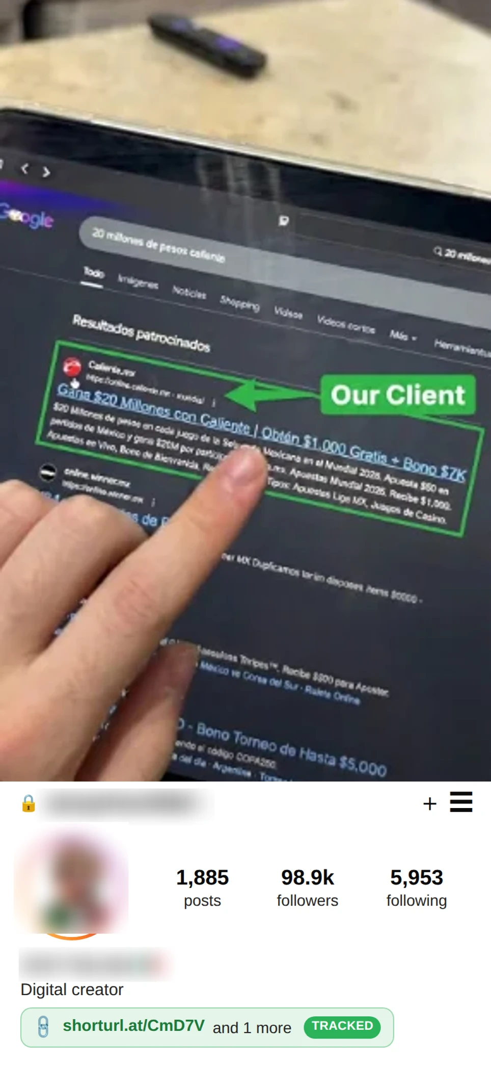 Casino UGC creator ranking a client brand in search