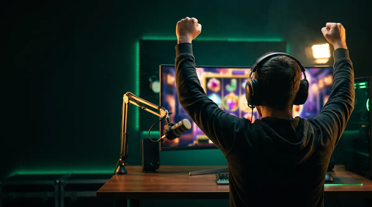 Streamer celebrating a win at a streaming setup