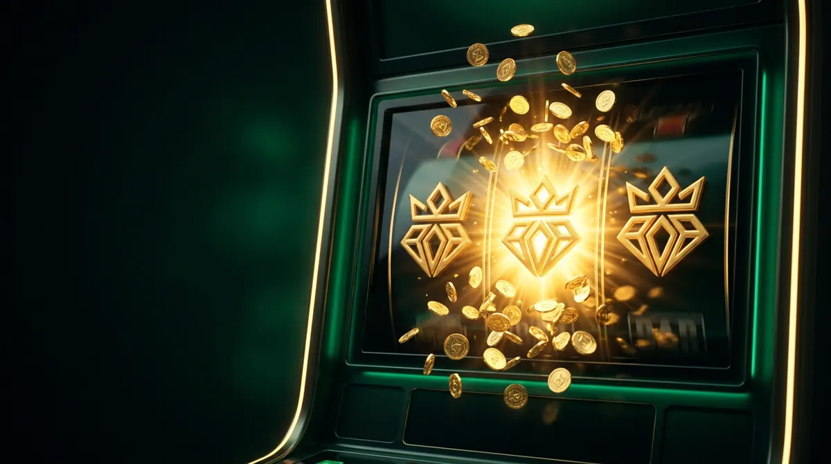 Slot machine screen at the moment of a jackpot with coins bursting out
