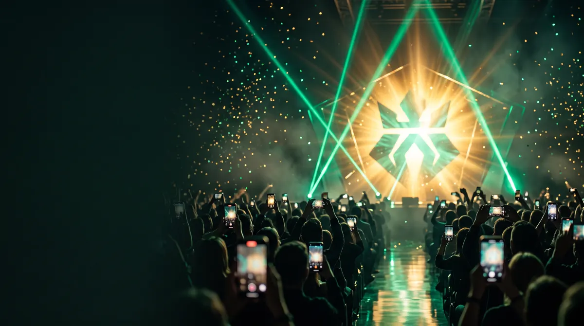 Crowd filming a launch moment on stage with their phones