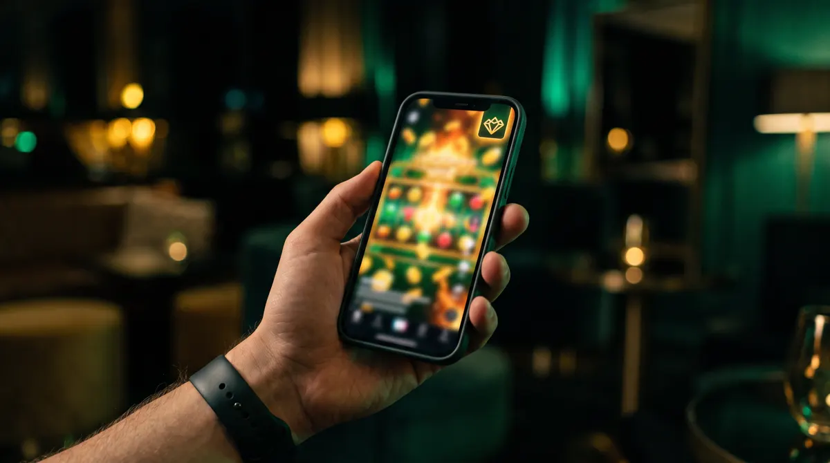 Phone playing a casino clip with a small brand emblem pinned in the corner