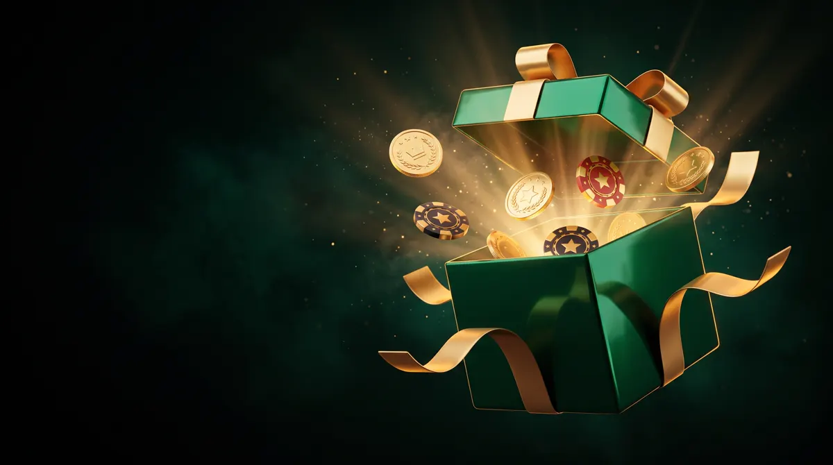 Emerald gift box bursting open with gold light, chips and coins