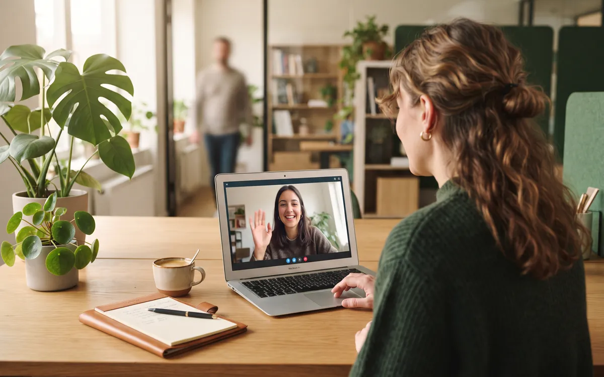 A strategy call in progress on a laptop in a bright office