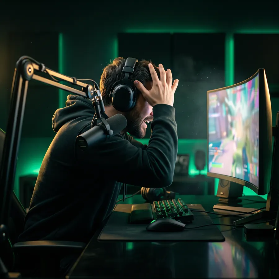 Streamer reacting to a win at a streaming setup