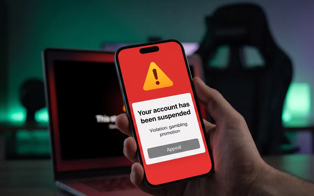 A phone showing an account suspension notice