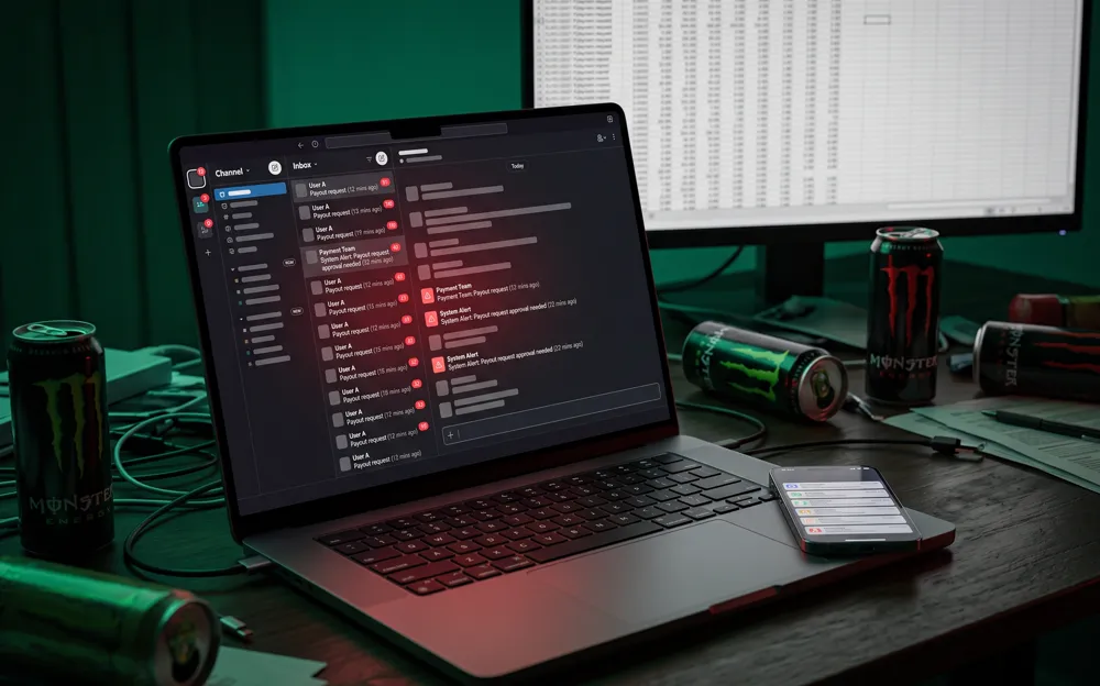 A late-night desk buried in clipper messages and payout requests
