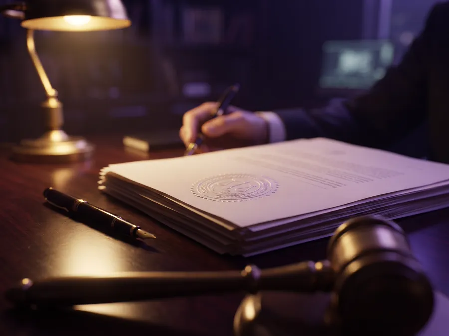 A stack of legal letters with an official seal and a gavel