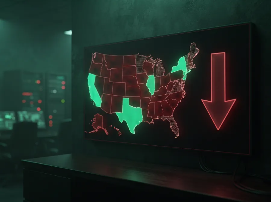 A display showing most US states greyed out and only a few still lit