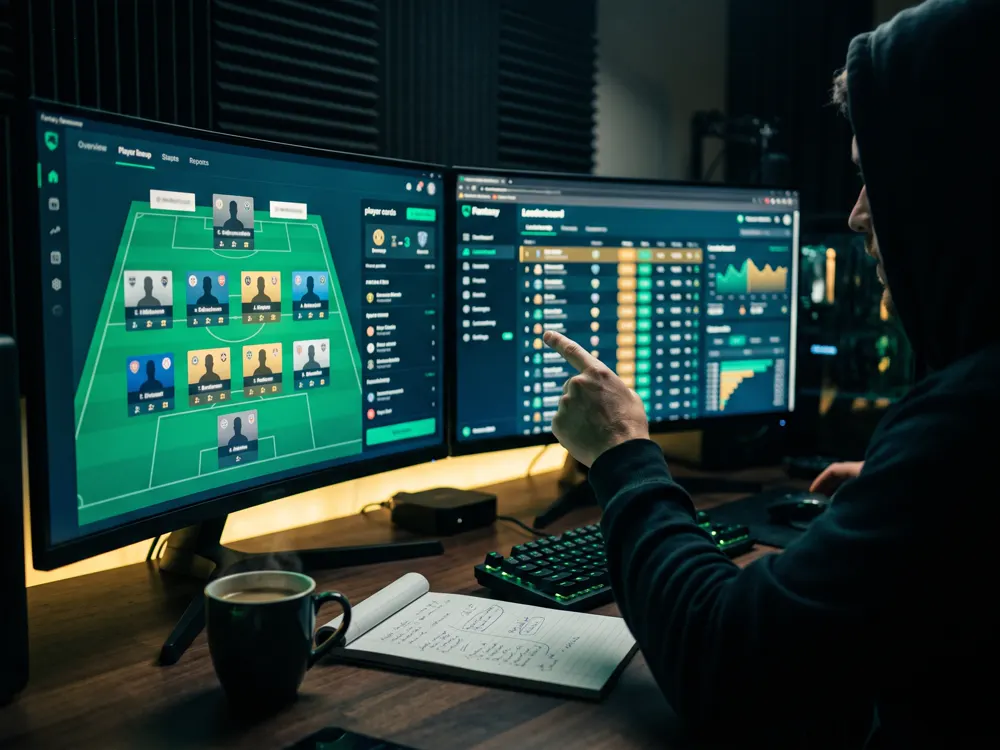 A fantasy sports lineup open on two monitors