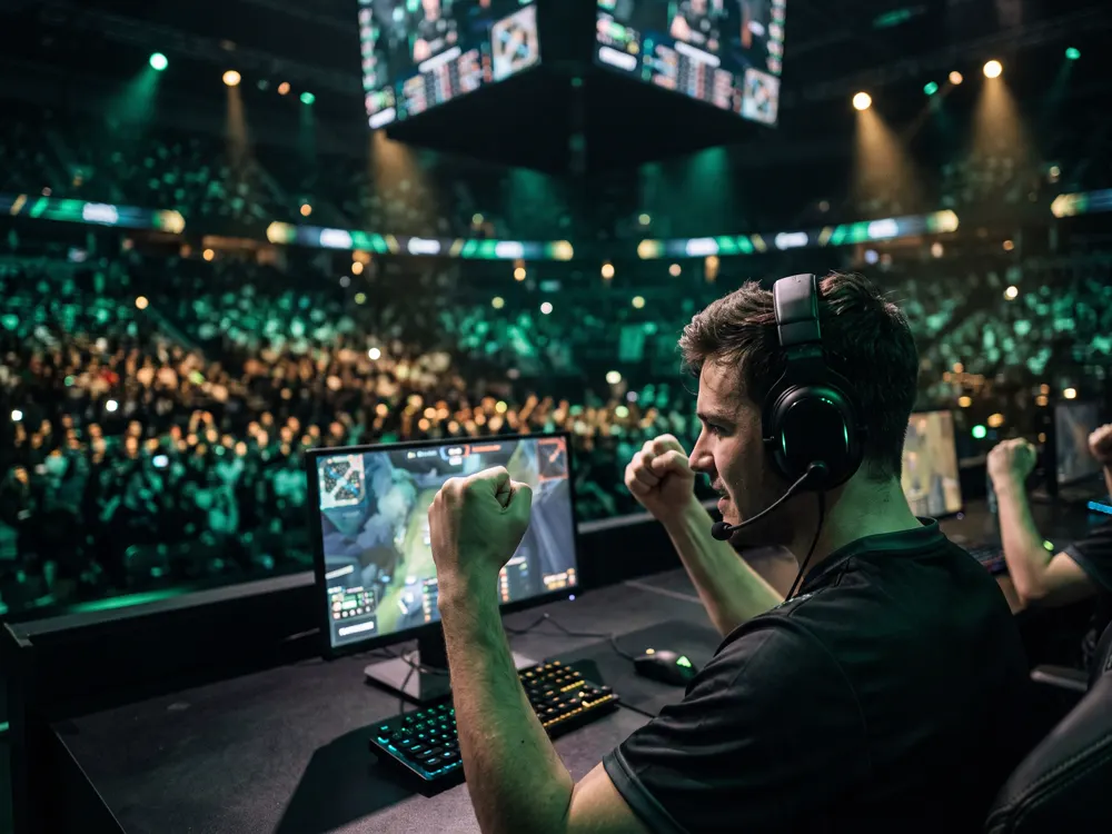 An esports player celebrating on a tournament stage