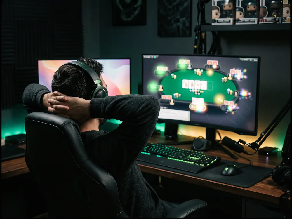 A poker player at a desk reacting to a hand on his monitor