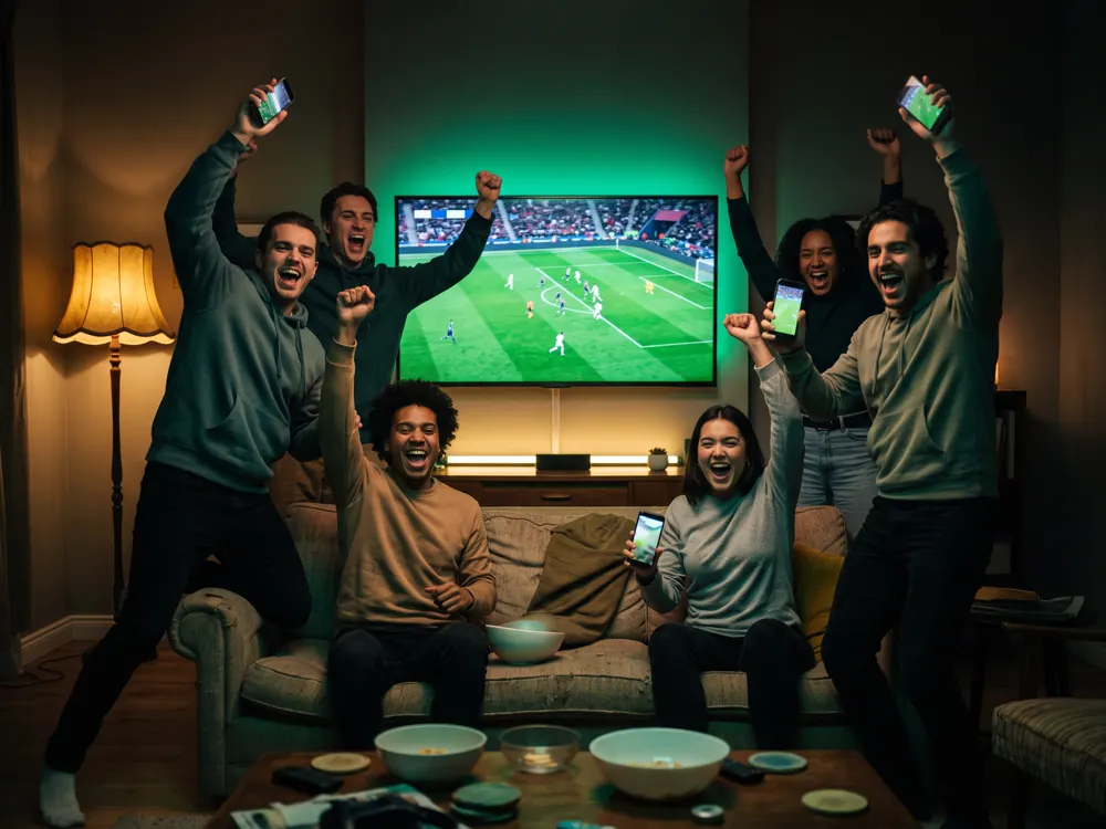 Friends celebrating a live sports result in front of a TV