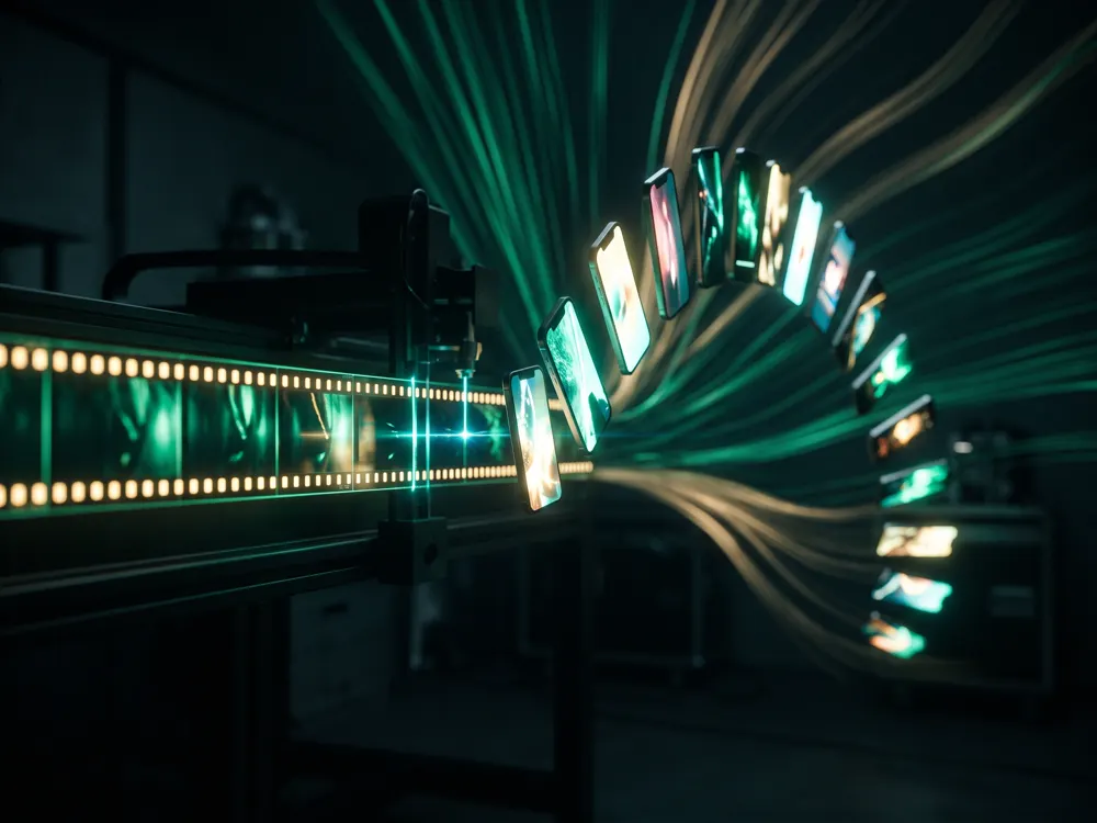 A film strip being cut into vertical phone-shaped clips